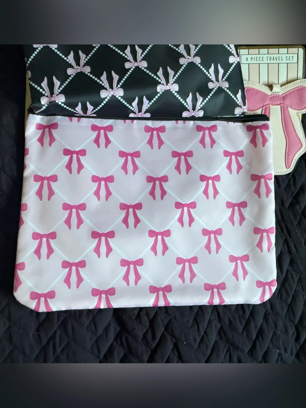 NWT Wandering Moon Coquette Pink Bow 4-Piece Travel Pouch Set & Luggage Tag